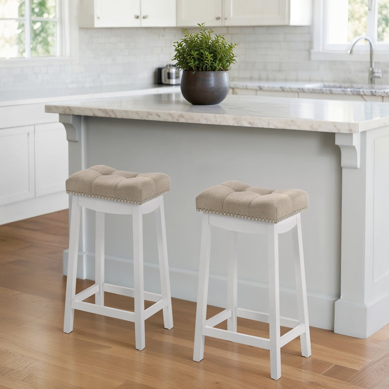 Bar Stool Nailhead Trim Tufted Seat Backless Wood Frame Transitional