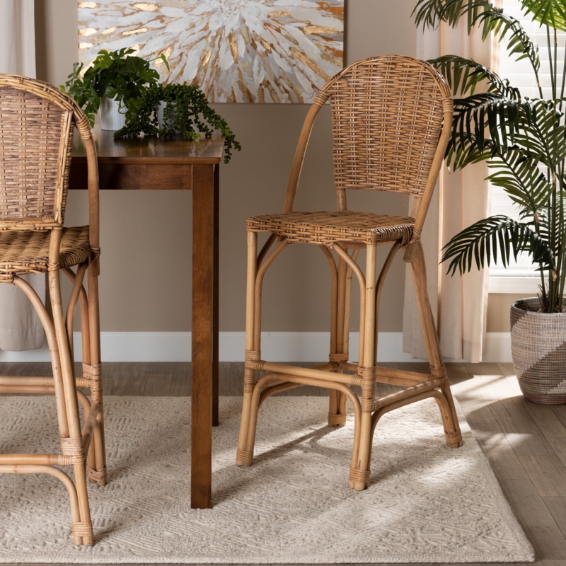 Bar Stool Natural Brown Woven Rattan Curved Silhouette