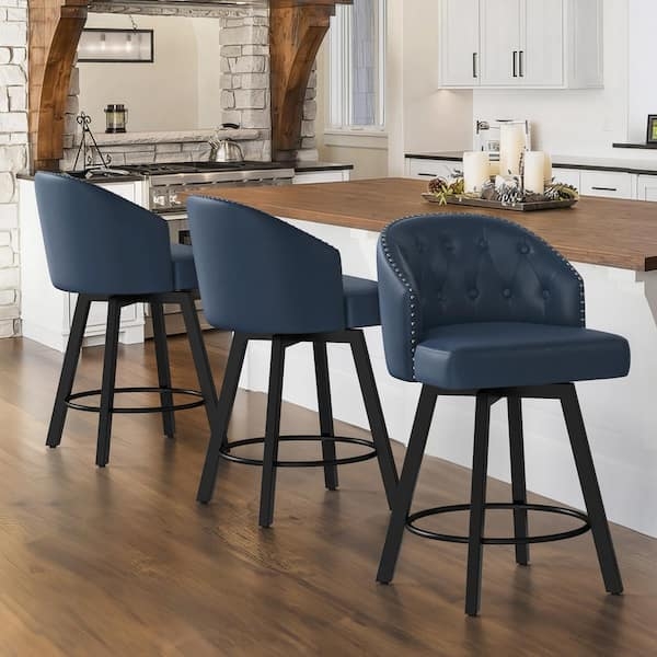 Bar Stool Navy Blue Diamond Tufted Swivel Seat Black Metal Legs
