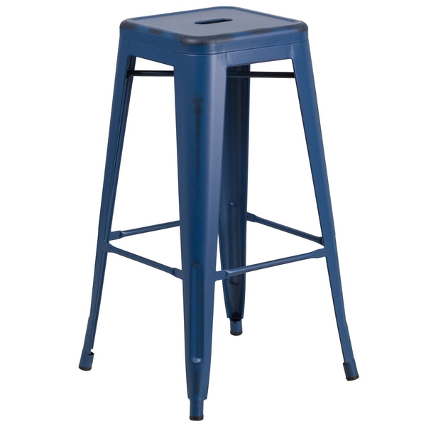 Bar Stool, Navy Blue Distressed Metal, Backless, Seat Handle Cutout