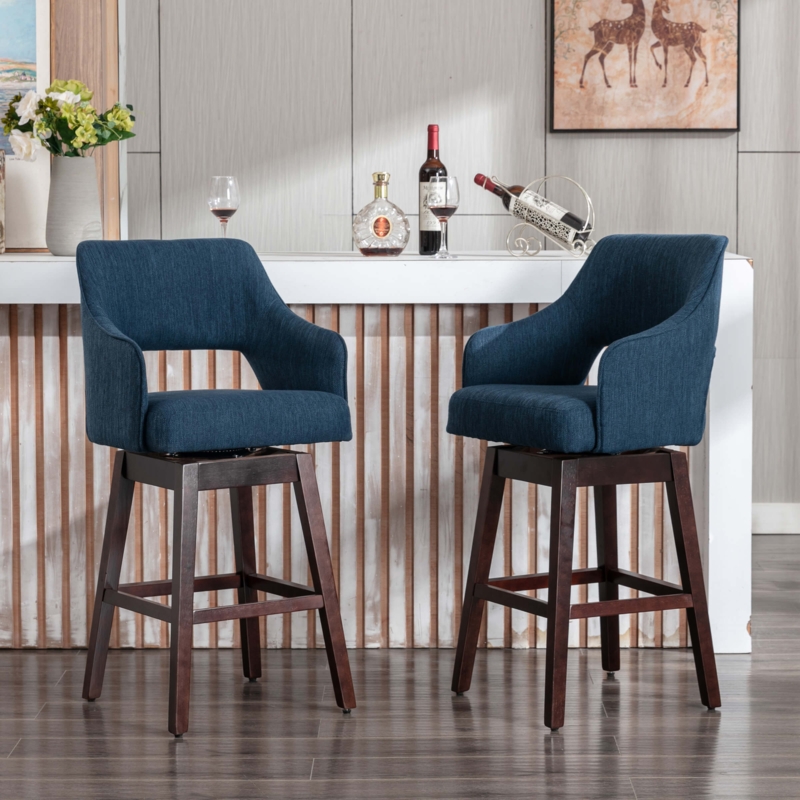 Bar Stool Navy Blue Linen Swivel Open Back Slot Dark Wood