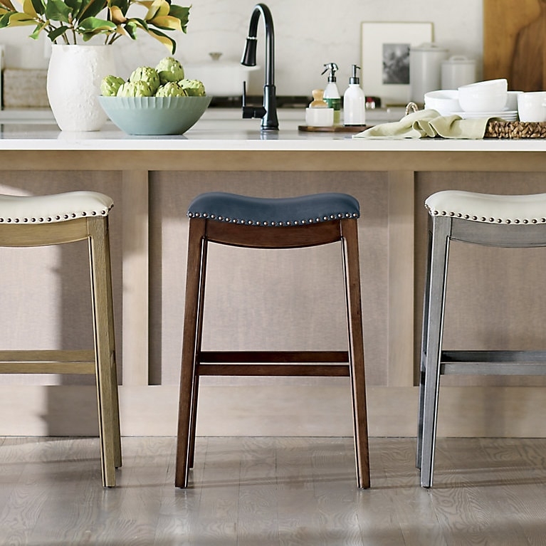 Bar Stool Navy Blue Saddle Seat Nailhead Trim Wood Toned
