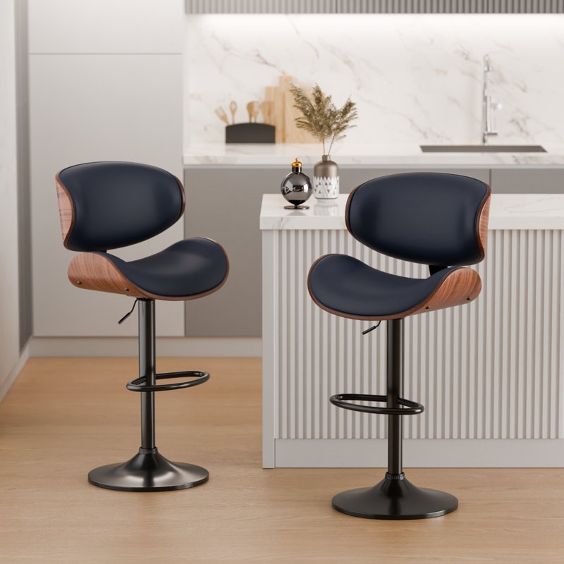 Bar Stool: Navy Blue Upholstered Swivel, Walnut Tone Open Back Shell