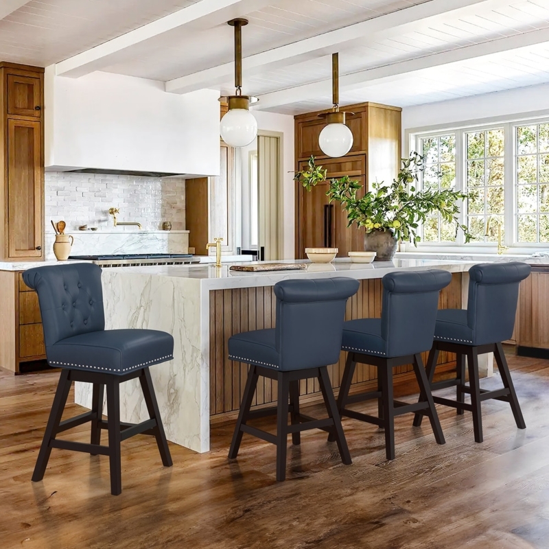 Bar Stool Navy Blue Upholstered Tufted Back Nailhead Trim Swivel