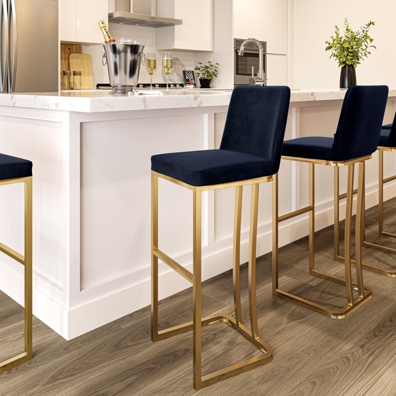 Bar Stool Navy Blue Velvet-Like Gold-Toned Metal High Back Square Tubing