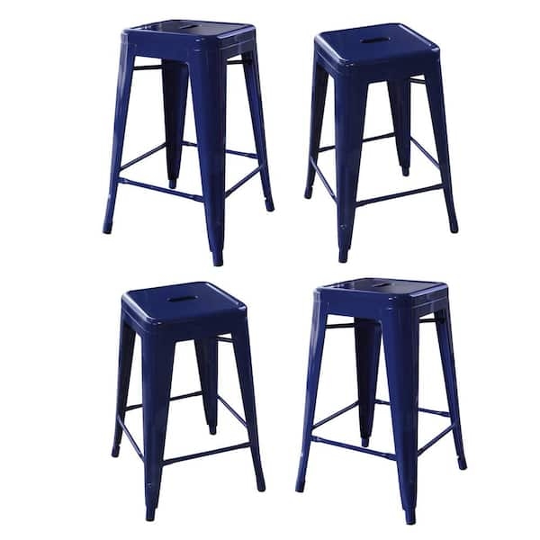 Bar Stool, Navy Metal, Backless Stackable, Industrial, Handle Cutout