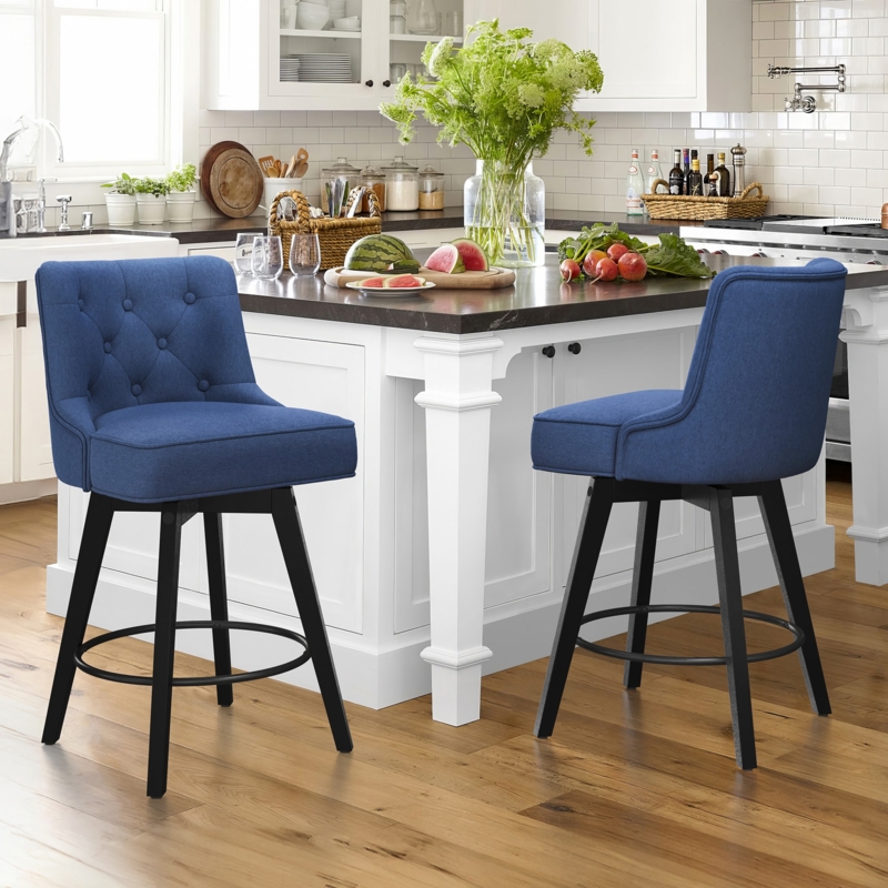 Bar Stool, Navy Swivel, Diamond Tufted, Black Tapered Legs