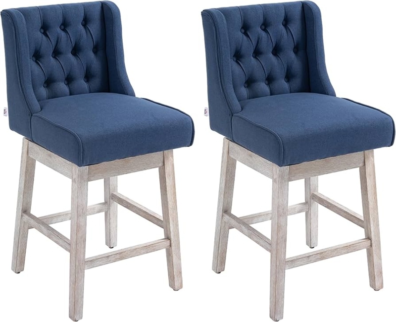 Bar Stool, Navy Wingback, Tufted Whitewashed Wood, Transitional
