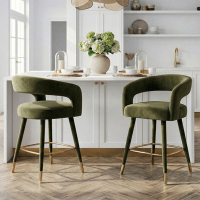 Bar Stool Olive Green Velvet Curved Back Brass Ring