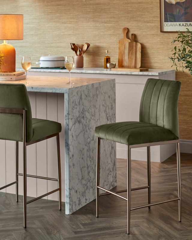 Bar Stool Olive Green Velvet Vertical Channel Tufting Bronze Legs