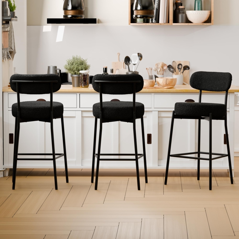 Bar Stool Open Back Boucle Texture Tapered Legs Matte Black Frame Modern