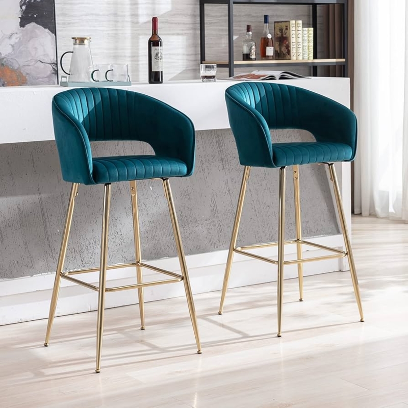 Bar Stool Open Back Cutout Channel Tufted Gold Legs Glam Style
