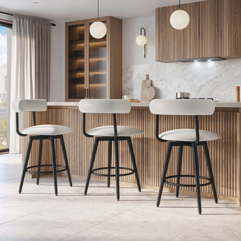 Bar Stool Open Curved Back Swivel White Seat Matte Black Frame Modern