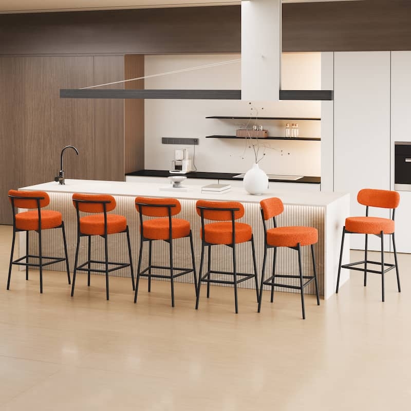 Bar Stool Orange Boucle Curved Low Back Metal Frame