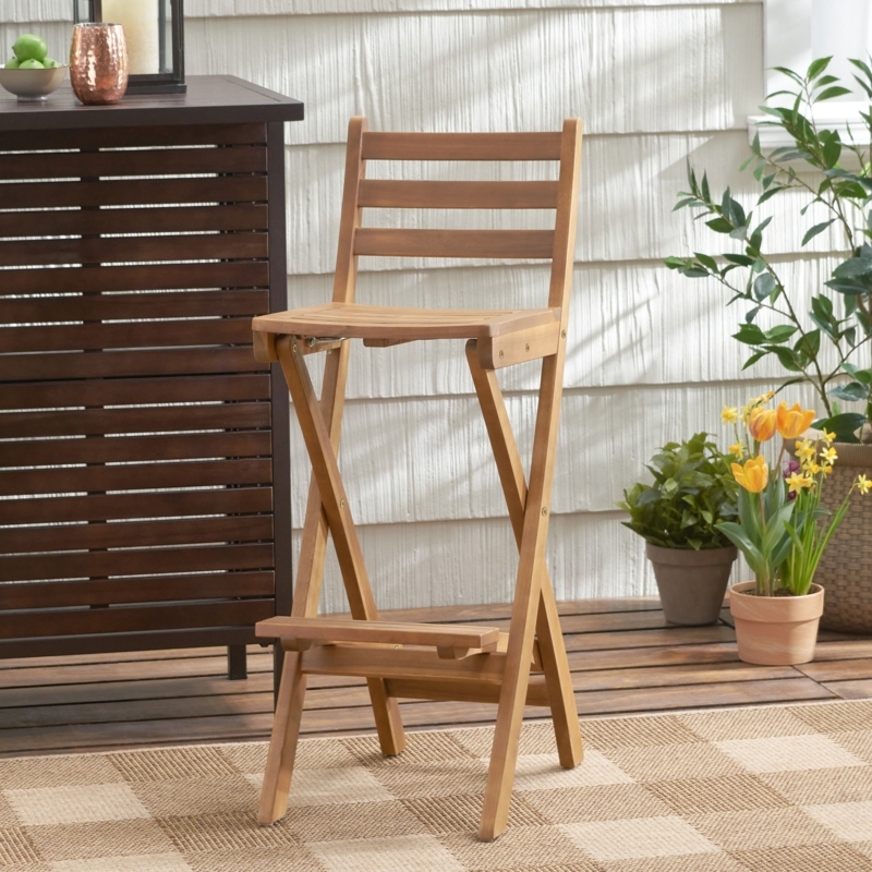 Bar Stool Outdoor Warm Brown Wood Foldable Slatted Backrest Seat