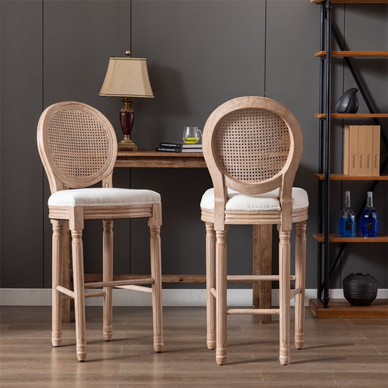 Bar Stool, Oval Cane Back, White Upholstered Seat, Carved Fluted Legs