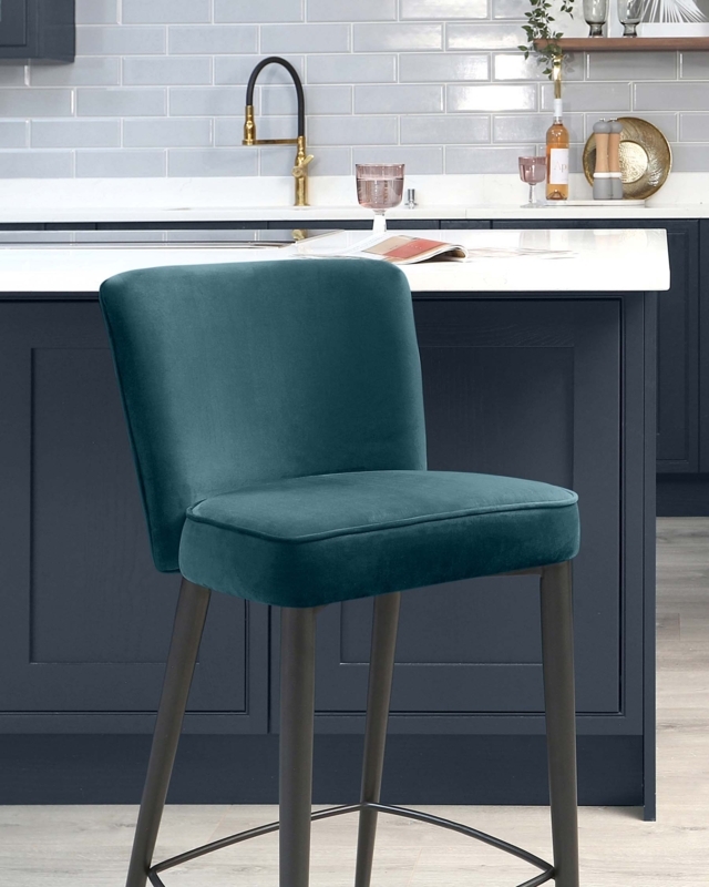 Bar Stool Piped Edge Detail Velvet Slim Dark Legs Elegant Style