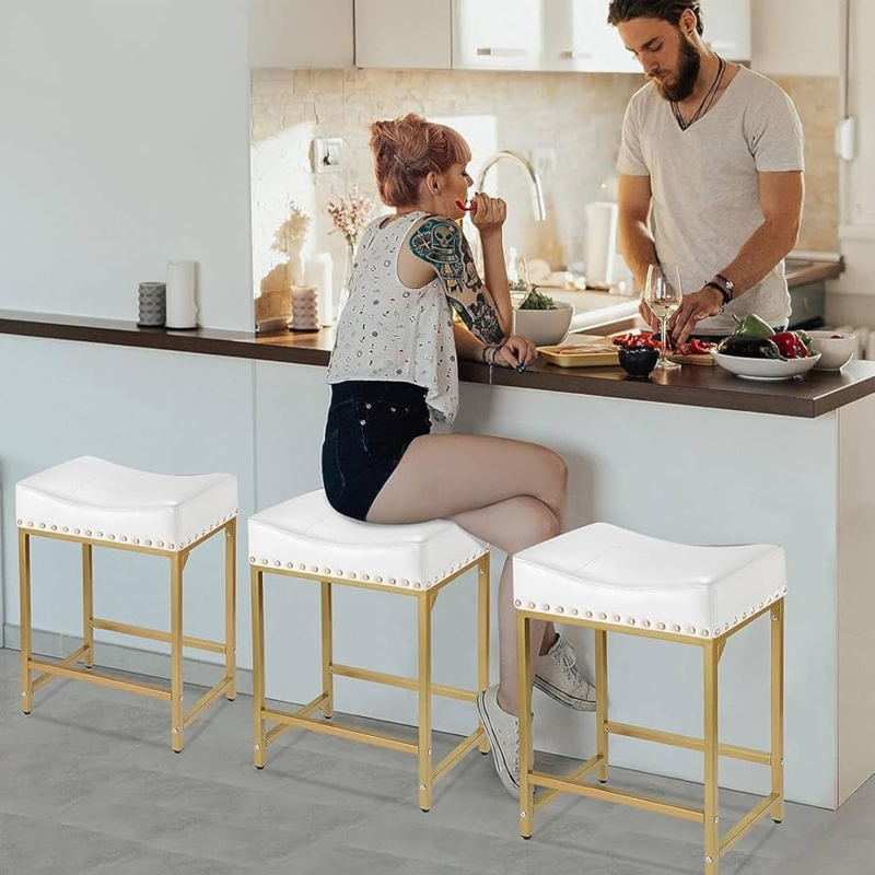 Bar Stool Polished Gold Frame White Leather-Like Saddle Seat Nailhead Trim
