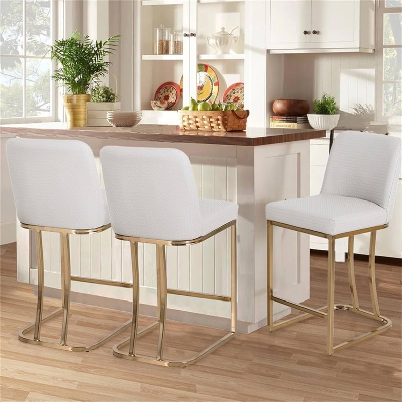 Bar Stool Polished Gold Sled Base Textured White Fabric Low Back