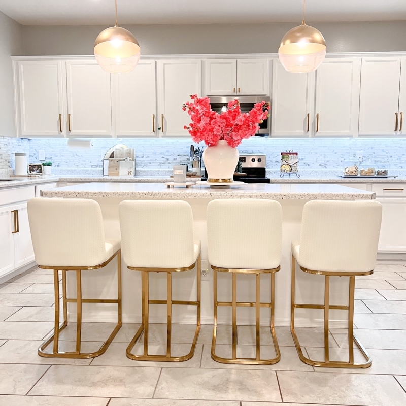 Bar Stool Polished Gold Sled Base White Leather-Like Square Back Armless