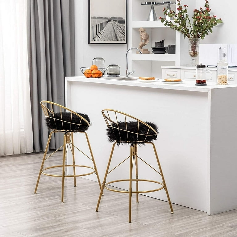 Bar Stool Polished Gold Wire Back Black Shaggy Faux Fur Swivel