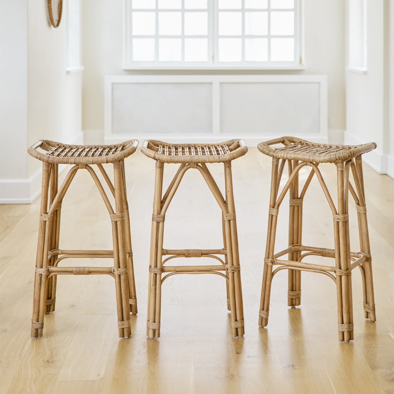 Bar Stool, Rattan, Backless, Arched Supports, Woven Saddle Seat, Coastal