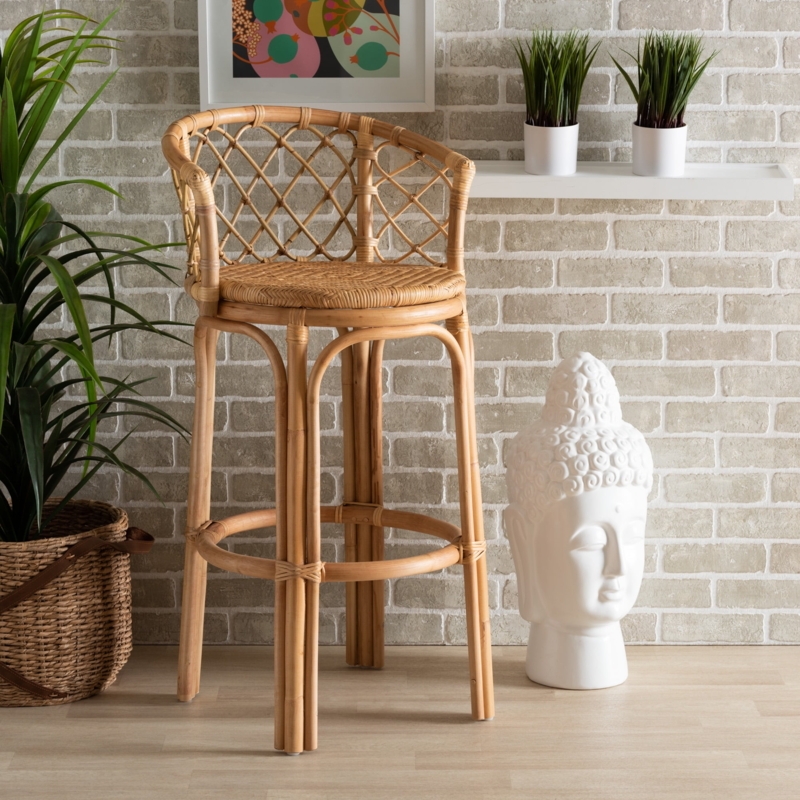 Bar Stool Rattan Cane Lattice Back Circular Seat Natural