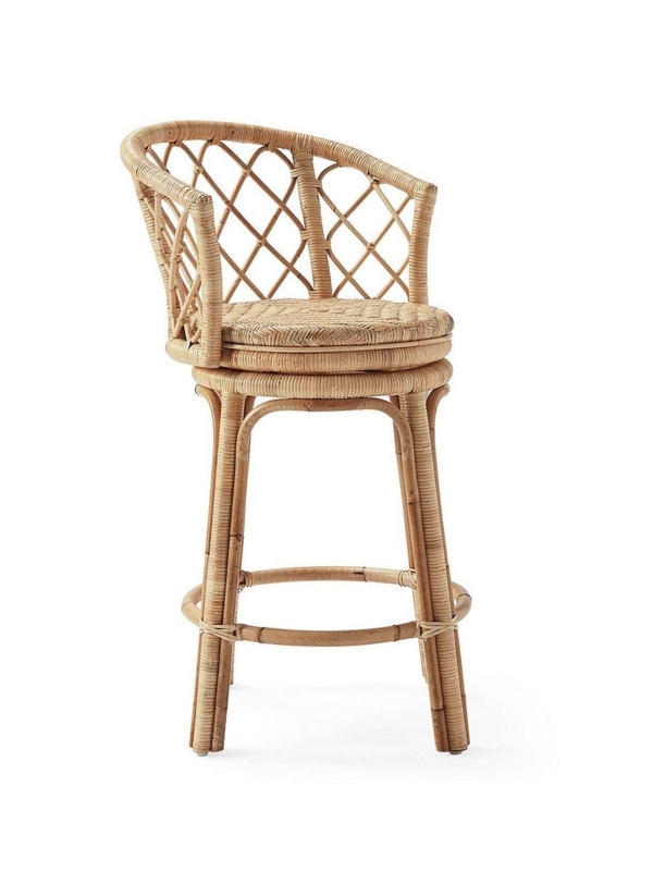 Bar Stool, Rattan Lattice Back, Swivel Seat Mechanism, Coastal Bohemian