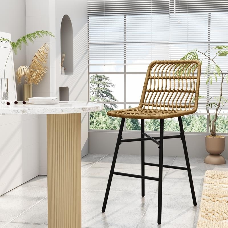 Bar Stool Rattan Look Seat Black Metal Frame Boho Modern