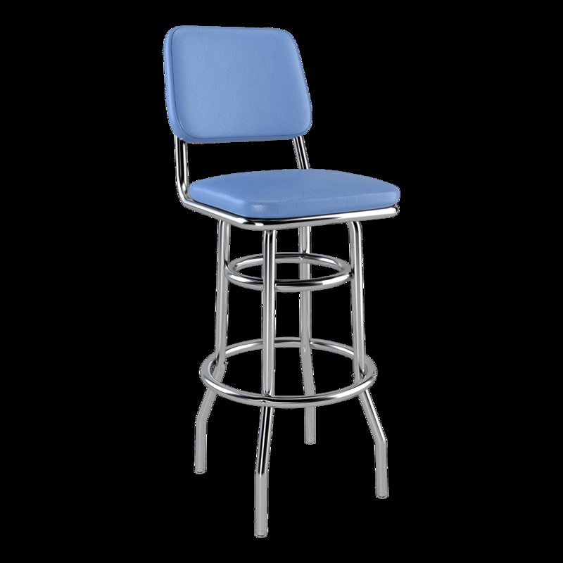 Bar Stool Retro Blue Padded Back Polished Chrome Double Ring Frame