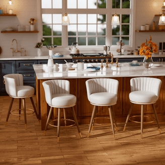 Bar Stool Ribbed Back Cream Fabric Wood Legs Gold Transitional