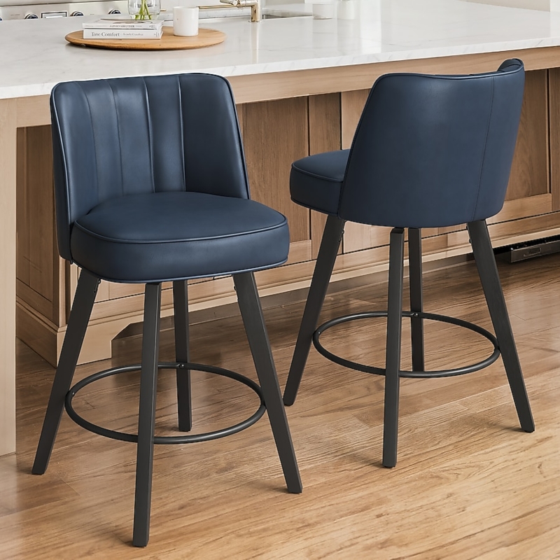 Bar Stool Ribbed Back Swivel Navy Blue Modern Tapered Legs Kitchen