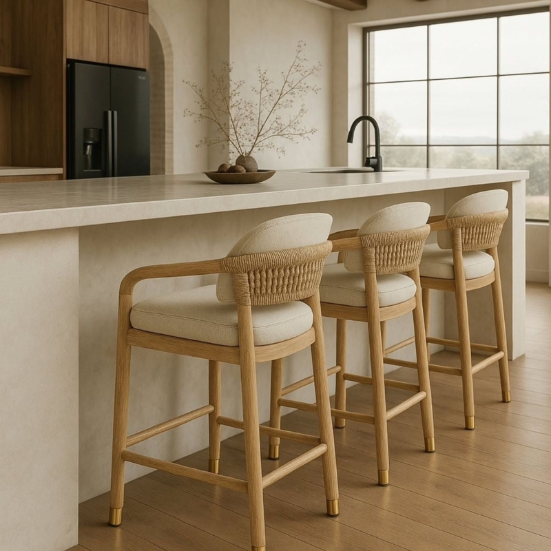 Bar Stool Rope Wrapped Back Cream Upholstery Gold Leg Caps Coastal