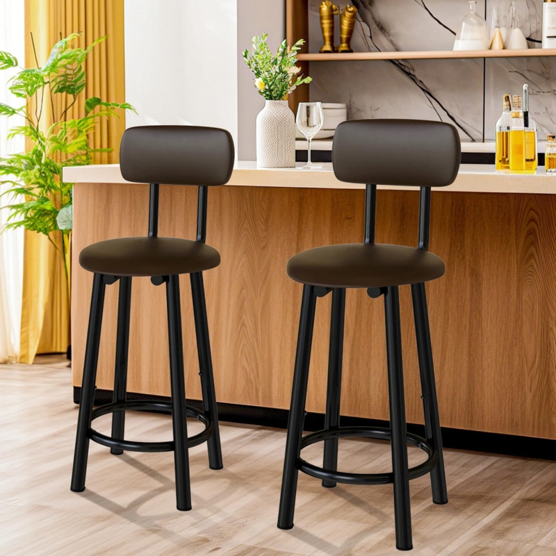 Bar Stool Round Seat Dark Brown Black Metal Frame Circular Footrest