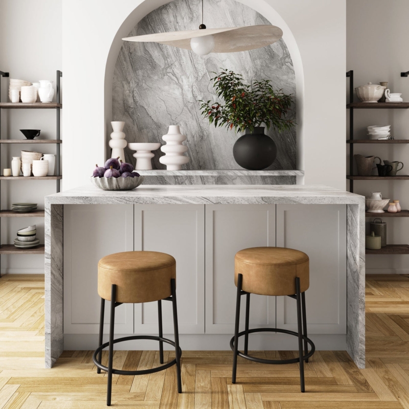 Bar Stool Round Seat Tan Leather-Like Black Frame