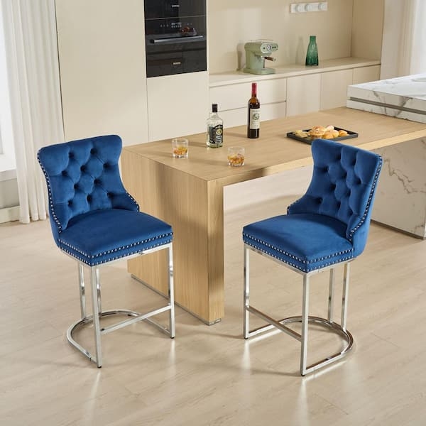 Bar Stool, Royal Blue Velvet, Polished Sled Base, Silver Nailhead