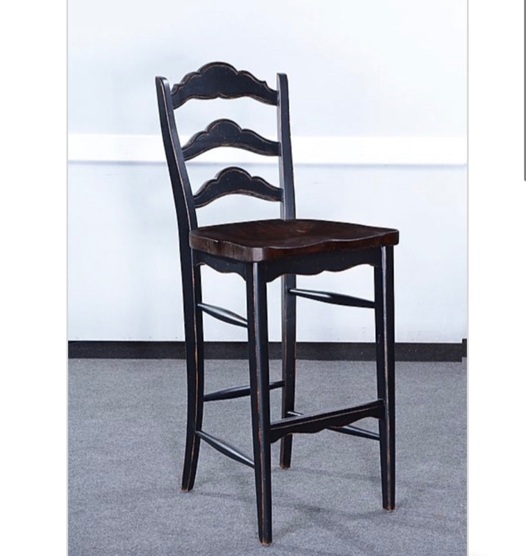 Bar Stool: Rustic Blackwash Finish, Arched Ladder Back, Wood Toned Seat