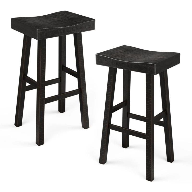 Bar Stool: Rustic Distressed Finish, Dark Brown Wood Saddle Seat