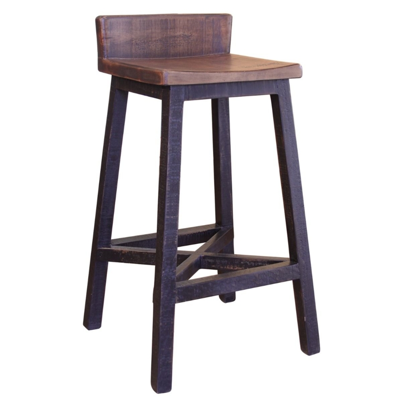 Bar Stool: Rustic Farmhouse Cross Brace, Low Back Two-Tone Wood