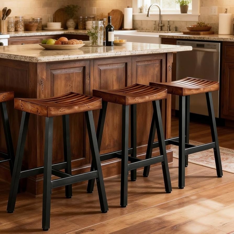 Bar Stool Rustic Industrial Ribbed Wood Saddle Seat Metal Frame