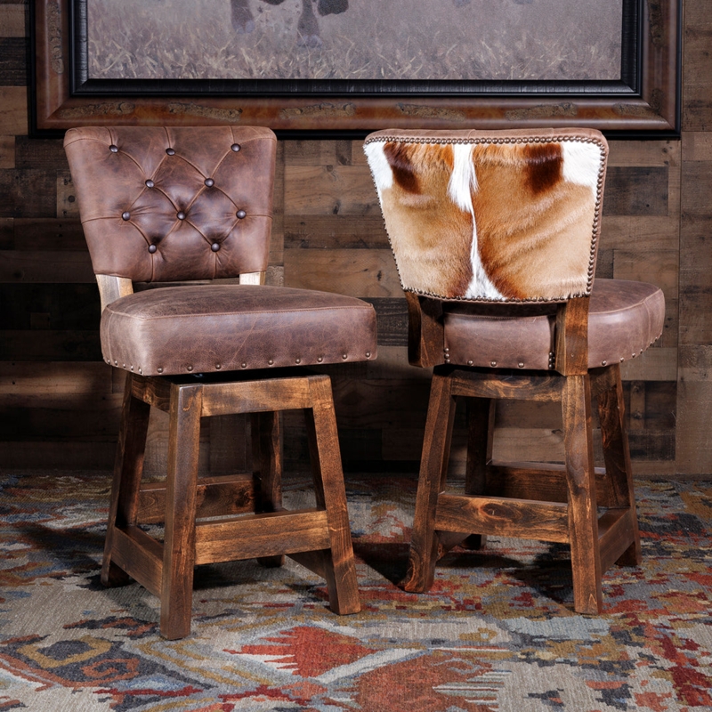 Bar Stool Rustic Lodge with Natural Hide Back and Swivel Base