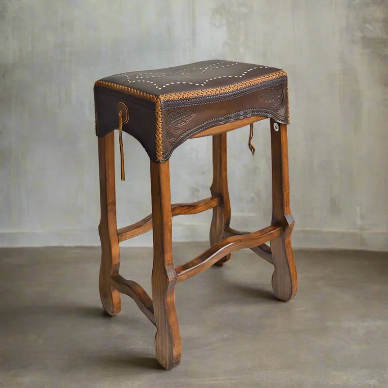 Bar Stool Rustic Western Tooled Leather Seat Whipstitching