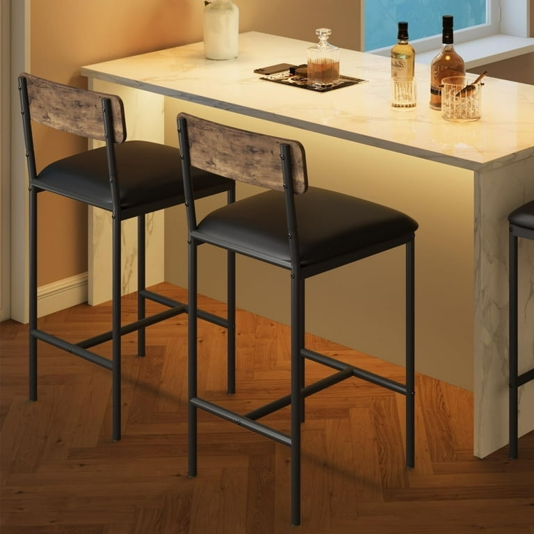Bar Stool Rustic Wood Backrest Matte Black Metal Frame Industrial Home