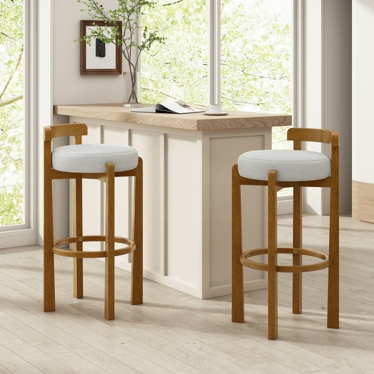 Bar Stool Rustic Wood Frame with Round Seat and Circular Footrest