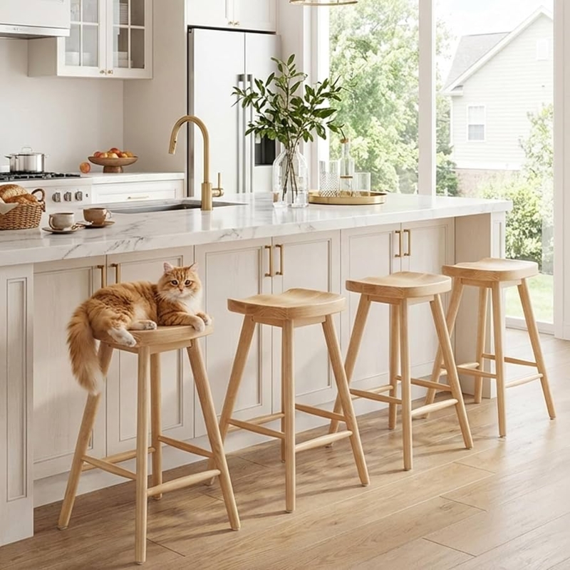 Bar Stool Saddle Seat Backless Light Wood Finish Rustic Farmhouse