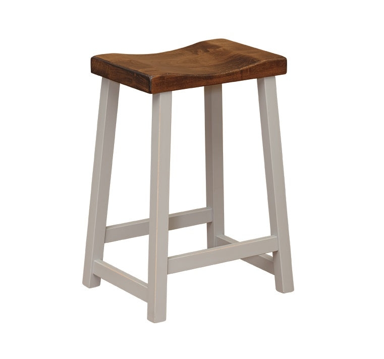 Bar Stool: Saddle Seat, Gray Base & Wood Top Two Tone Finish.