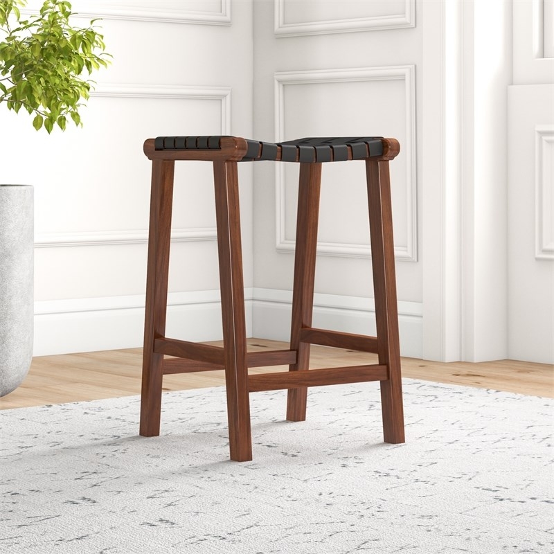 Bar Stool Saddle Seat Woven Straps Tapered Wood Legs