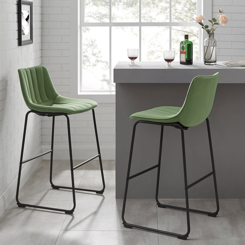 Bar Stool Sage Green Velvet Fluted Back Sled Base Metal Frame Modern