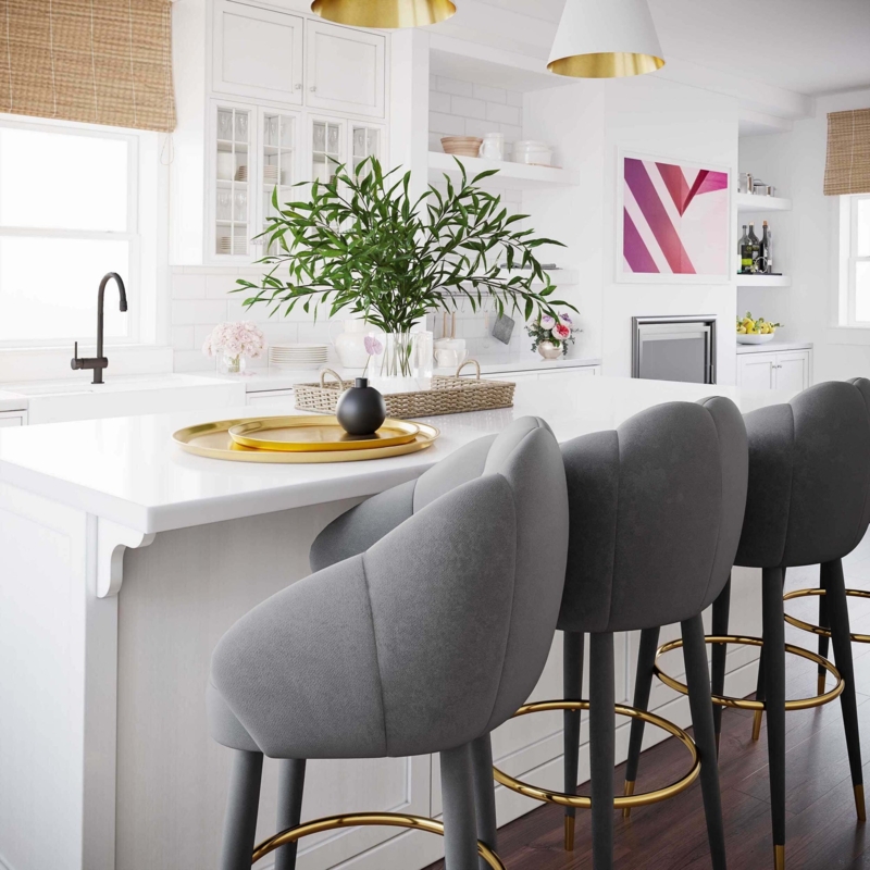 Bar Stool Scalloped Back, Gold Footrest Ring, Glam Kitchen Island Seating