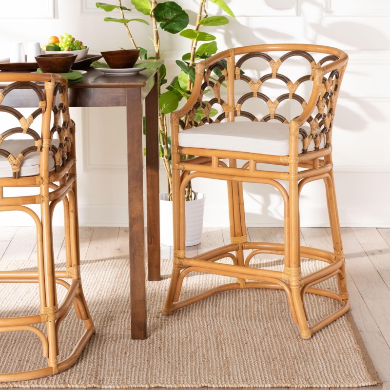 Bar Stool Scalloped Back Honey Rattan Frame Beige Cushion